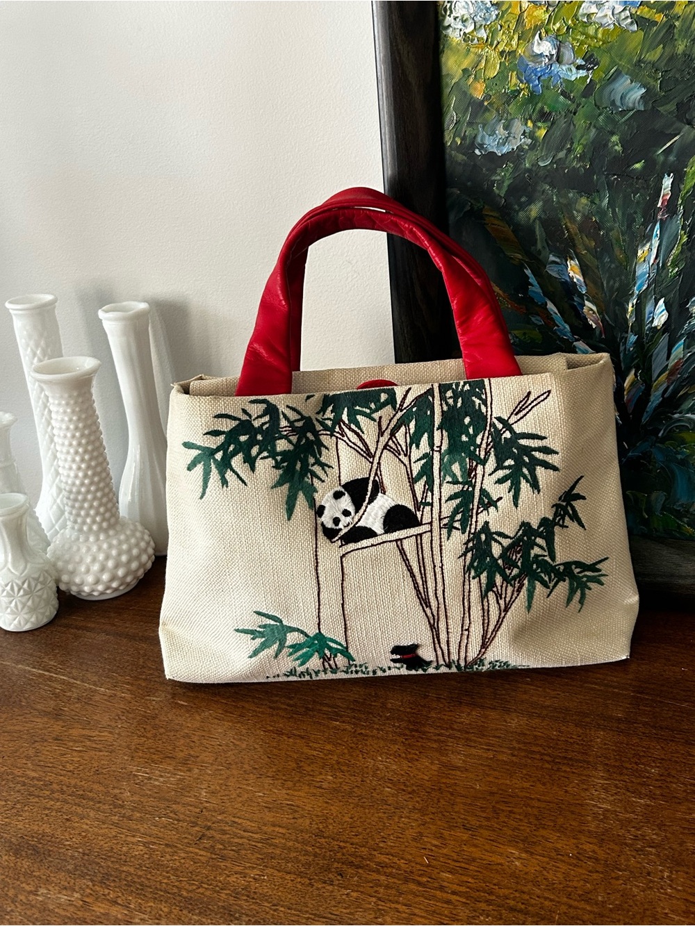 Vtg Radley London Panda Canvas Medium Grab Bag Red Lining #55910